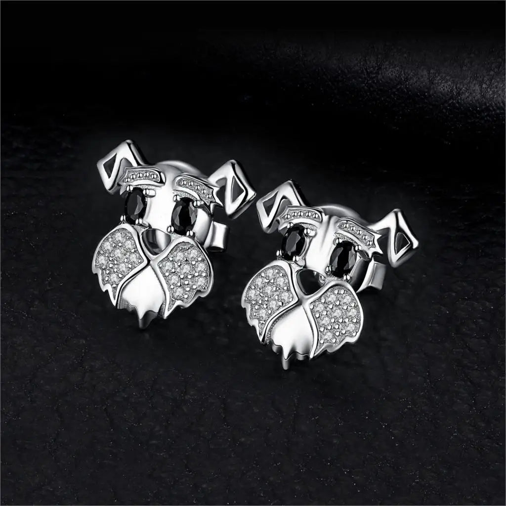 Schnauzer Dog 925 Sterling Silver Natural Black Spinel Stud Earrings