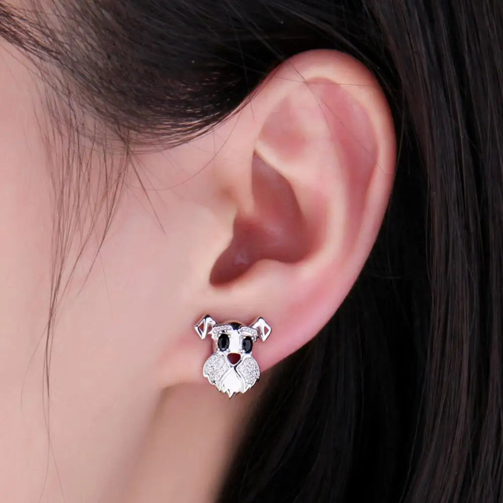 Schnauzer Dog 925 Sterling Silver Natural Black Spinel Stud Earrings